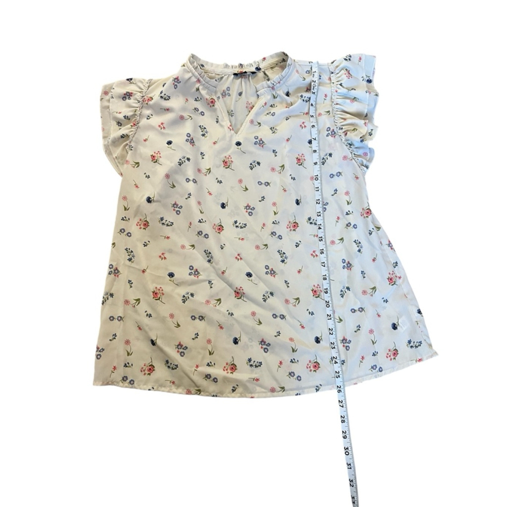 Women’s Blouse Printed Large Cream Flutter Short Sleeve Top Shirt L - Picture 5 of 8